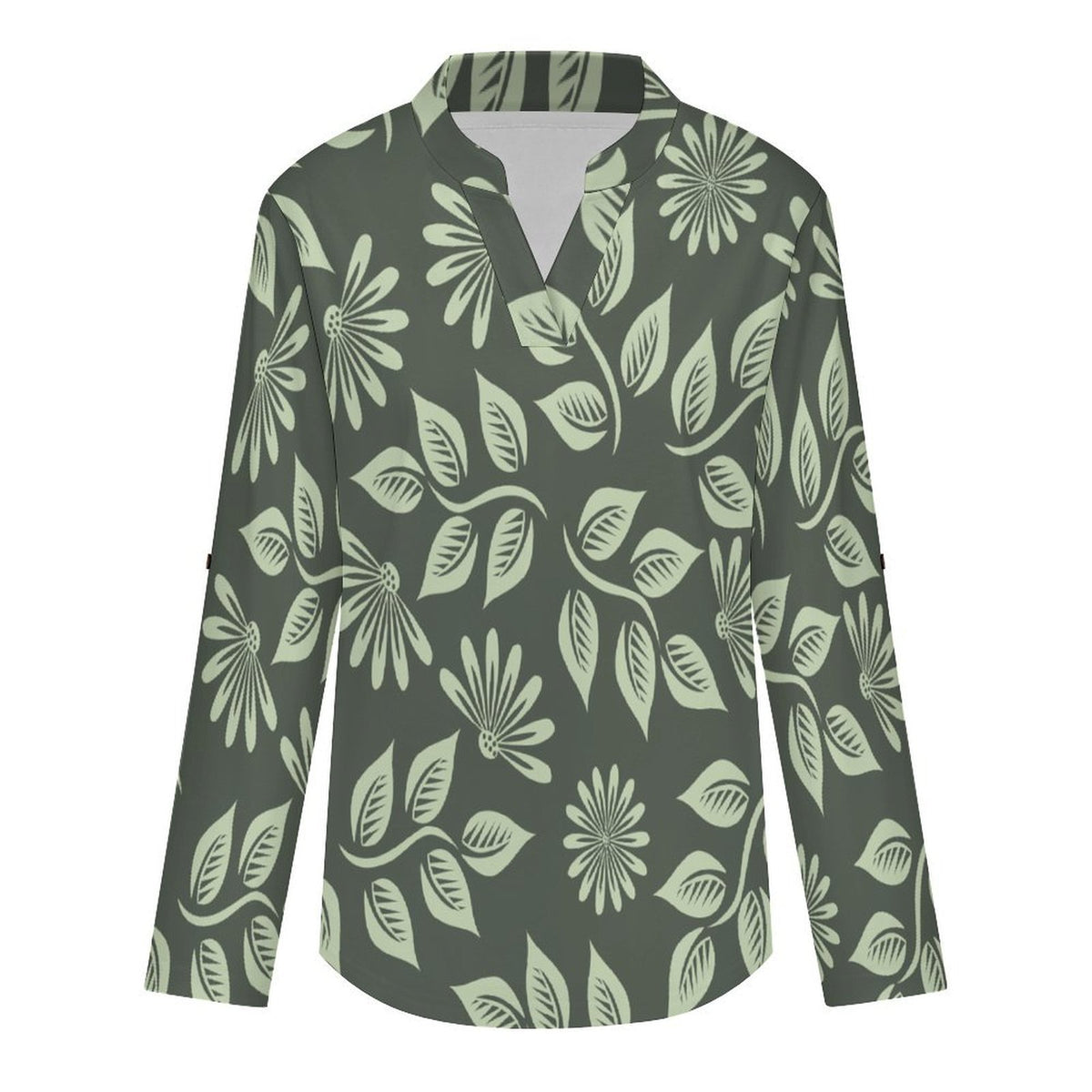 Green Sunflower Leaves  Versatile Notched V-Neck Tunic | Roll Tab 3/4 Sleeve Office Casual Top