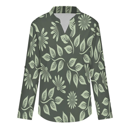 Green Sunflower Leaves  Versatile Notched V-Neck Tunic | Roll Tab 3/4 Sleeve Office Casual Top