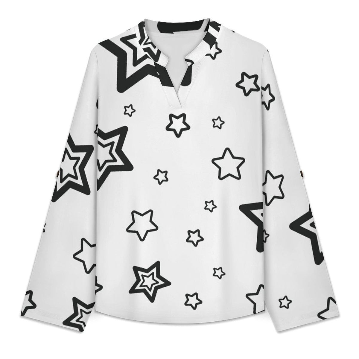 The Stars Repeat The Black Pattern  Versatile Notched V-Neck Tunic | Roll Tab 3/4 Sleeve Office Casual Top
