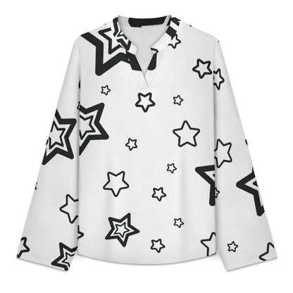 The Stars Repeat The Black Pattern  Versatile Notched V-Neck Tunic | Roll Tab 3/4 Sleeve Office Casual Top