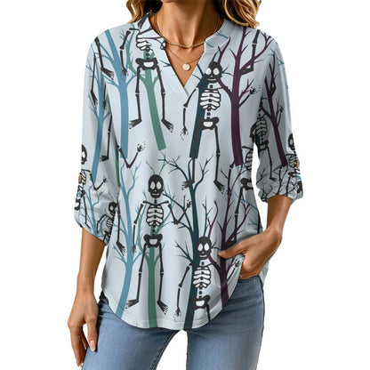 Women Curved Hem V Neck Roll Sleeve Casual Work Top  Skeletons, Woods, Forward