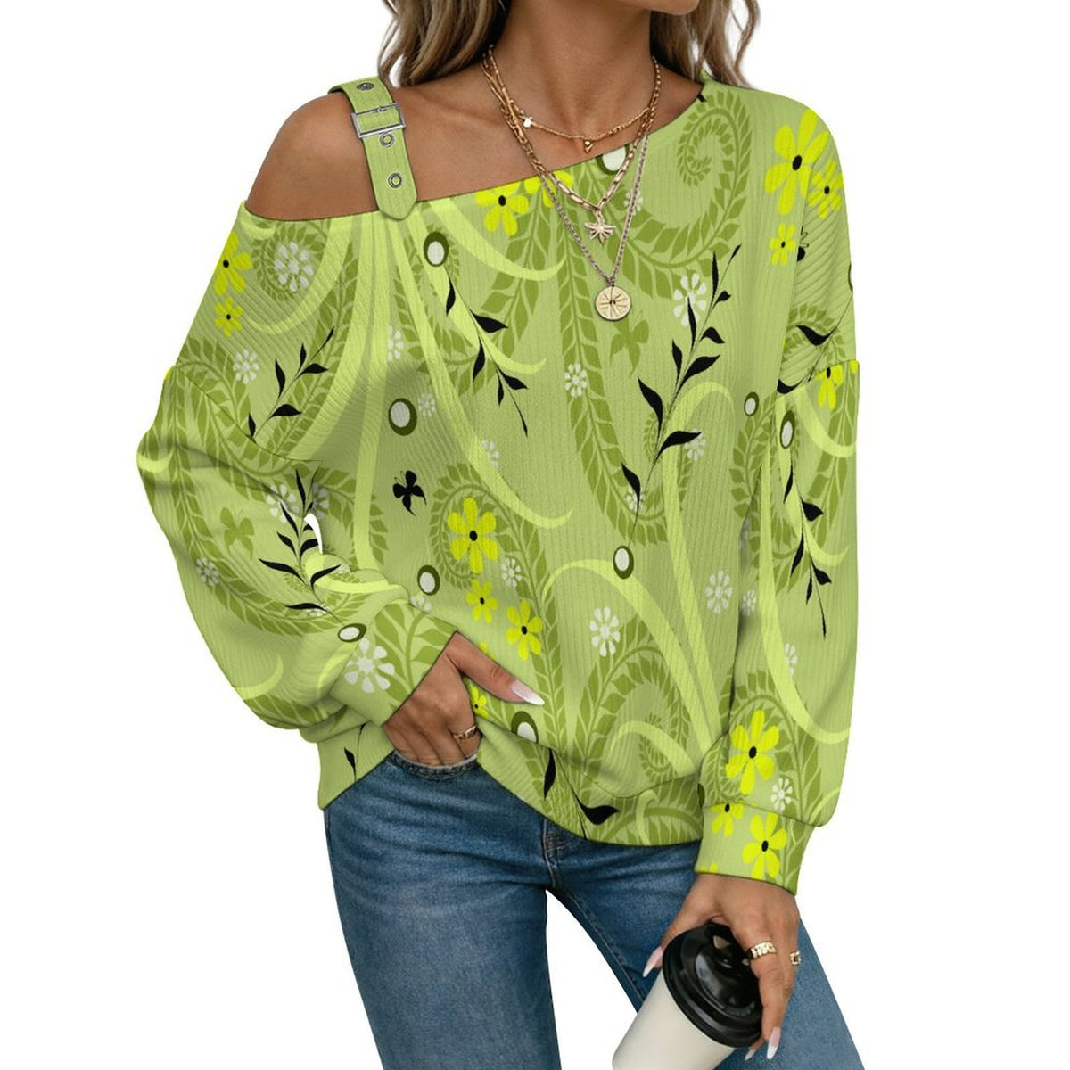 Green Leaf Pattern Buckle Strap Asymmetrical Off Shoulder Knit Sweater