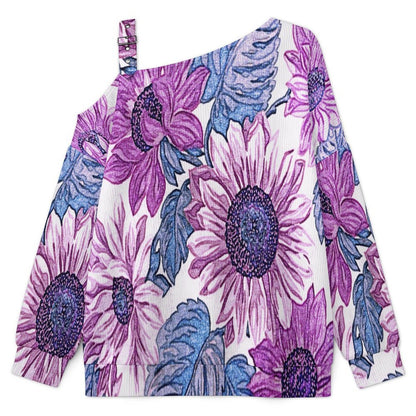 Fall Casual Asymmetric Shoulder Knit Top with Buckle Detail Purple Flowers