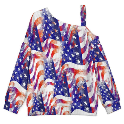 Buckle Strap Asymmetrical Off Shoulder Knit Sweater Many American Flags Intertwined