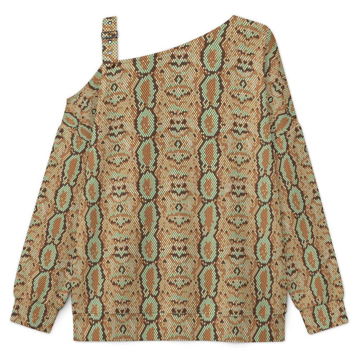 Fall Casual Asymmetric Shoulder Knit Top with Buckle Detail Snakeskin Pattern, Repeating Pattern