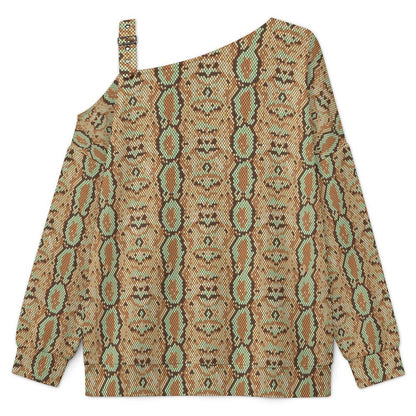Fall Casual Asymmetric Shoulder Knit Top with Buckle Detail Snakeskin Pattern, Repeating Pattern