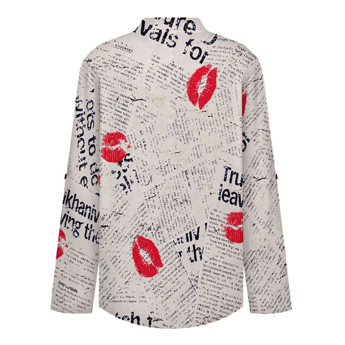 Newspaper Red Lip Print Blue Letters Roll Tab 3/4 Sleeve Notched V Neck Tunic Blouse