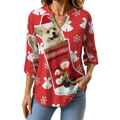 Women's Notched V Neck Tunic Tops, Roll Up 3/4 Sleeve Button Cuff Casual Blouse, Hem Loose Work Shirts  Christmas Stocking Corky Dog