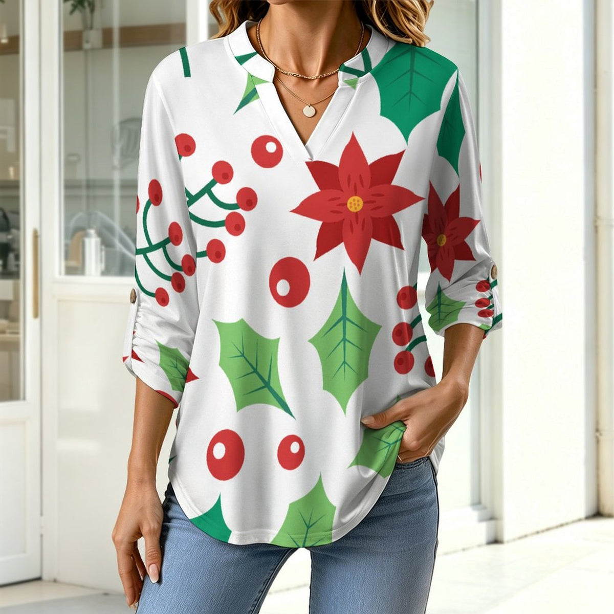 Women's Notched V Neck Tunic Tops, Roll Up 3/4 Sleeve Button Cuff Casual Blouse, Hem Loose Work Shirts  Christmas Repeat Pattern Red And Green