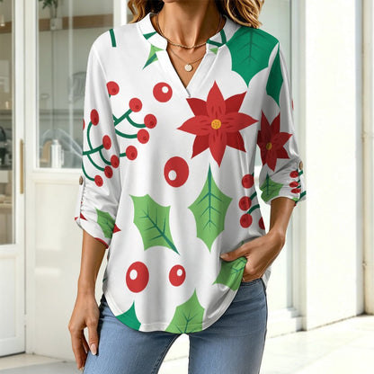 Women's Notched V Neck Tunic Tops, Roll Up 3/4 Sleeve Button Cuff Casual Blouse, Hem Loose Work Shirts  Christmas Repeat Pattern Red And Green