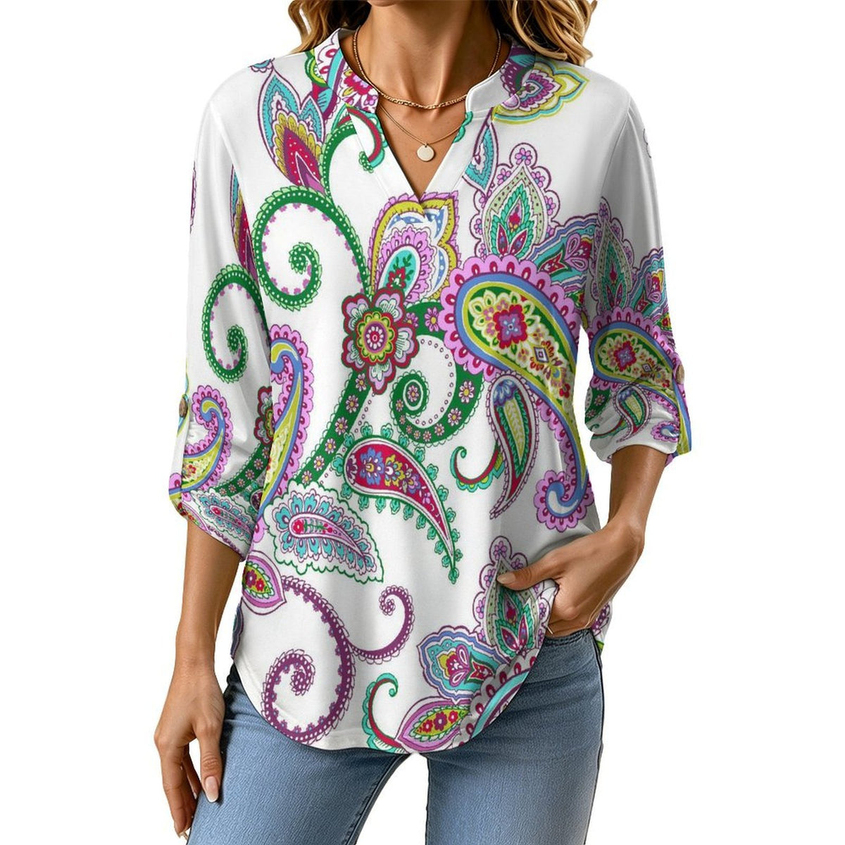 Paisley  Women Curved Hem V Neck Roll Sleeve Casual Work Top