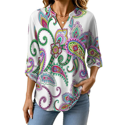 Paisley  Women Curved Hem V Neck Roll Sleeve Casual Work Top