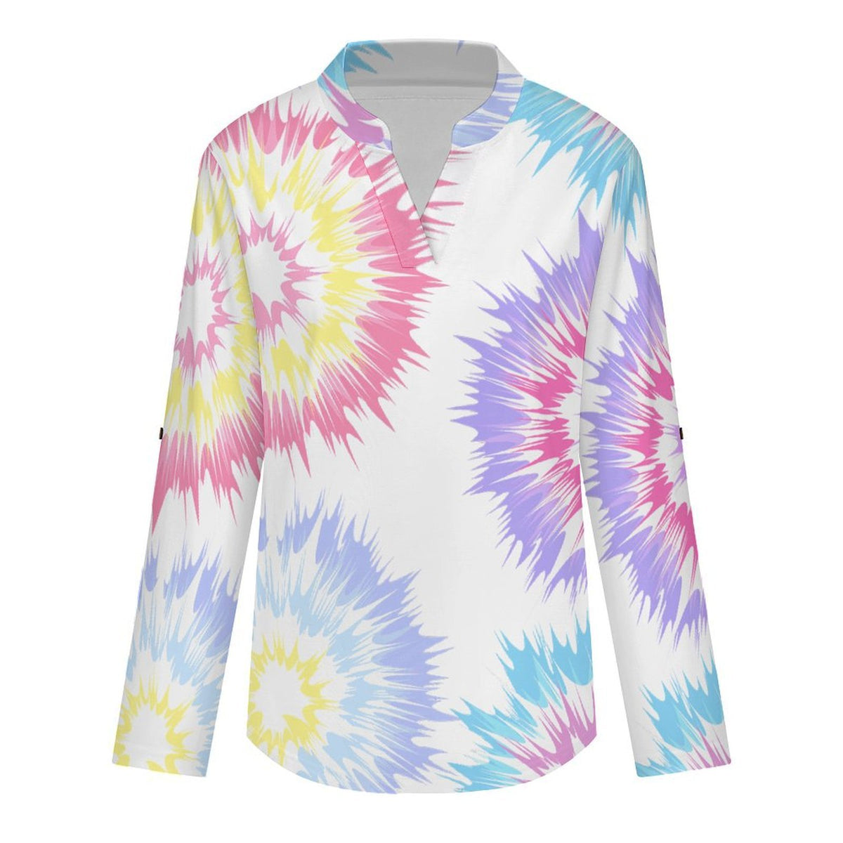 Women's Notched V Neck Tunic Tops, Roll Up 3/4 Sleeve Button Cuff Casual Blouse, Hem Loose Work Shirts  Color Special-shaped Graphics