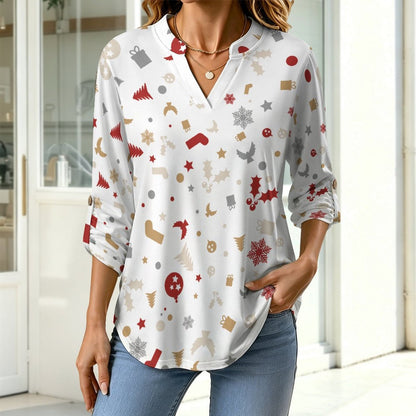 Women's Notched V Neck Tunic Tops, Roll Up 3/4 Sleeve Button Cuff Casual Blouse, Hem Loose Work Shirts  Christmas-tile-repeat-red-white-yellow-gray-snowflake-Christmas Tree