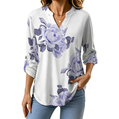 Rose Repeat Tablecloth Curtain Roll Tab 3/4 Sleeve Notched V Neck Tunic Blouse