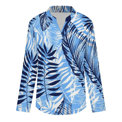 Stand-up Collar Long-sleeved Shirt Summer-flower-blue-yellow-full Print-T-shirt-phone Case white S Women’s V-Neck Blouses