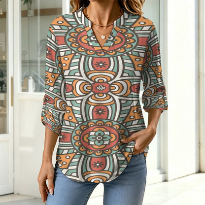 Retro Pattern  Versatile Notched V-Neck Tunic | Roll Tab 3/4 Sleeve Office Casual Top