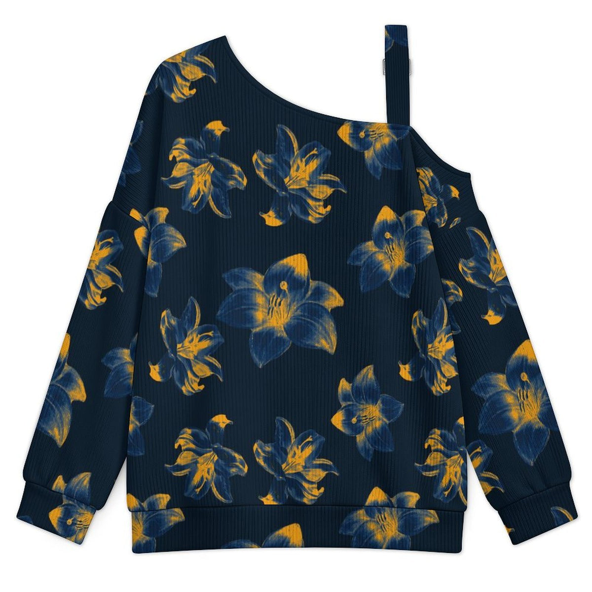 Buckle Strap Asymmetrical Off Shoulder Knit Sweater Flower Pattern