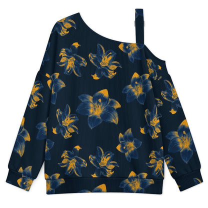Buckle Strap Asymmetrical Off Shoulder Knit Sweater Flower Pattern