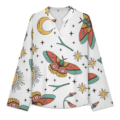 Color, Butterfly, Pattern Roll Tab 3/4 Sleeve Notched V Neck Tunic Blouse