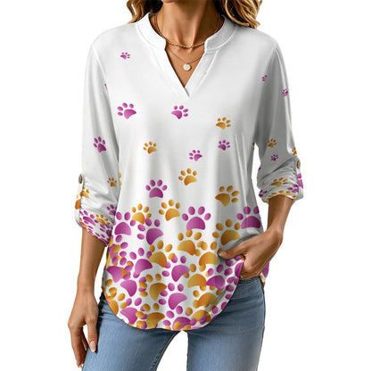 Dog Footprints Dress Blue  Versatile Notched V-Neck Tunic | Roll Tab 3/4 Sleeve Office Casual Top
