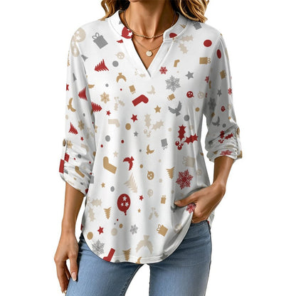 Women's Notched V Neck Tunic Tops, Roll Up 3/4 Sleeve Button Cuff Casual Blouse, Hem Loose Work Shirts  Christmas-tile-repeat-red-white-yellow-gray-snowflake-Christmas Tree