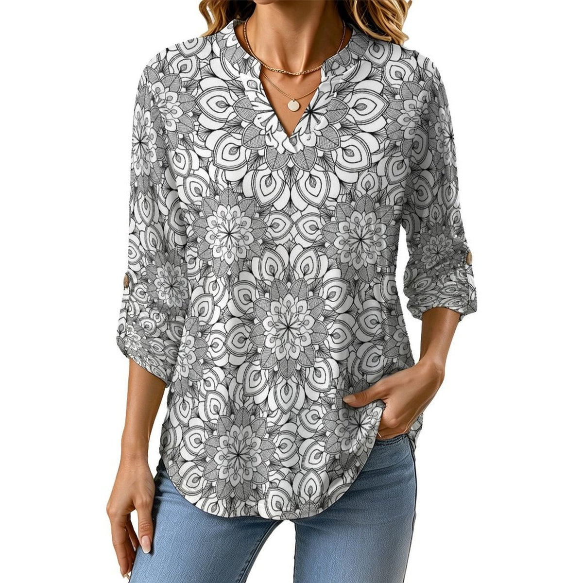 Mandala Flower, Repeating Pattern Roll Tab 3/4 Sleeve Notched V Neck Tunic Blouse