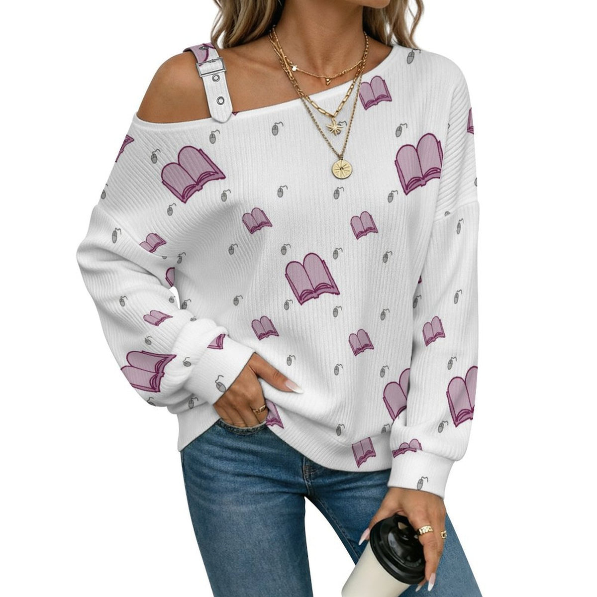 Buckle Strap Asymmetrical Off Shoulder Knit Sweater Books Background