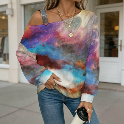 Off-the-shoulder Sweater Color Abstract Painting  Asymmetric Cold Shoulder Knit Sweater for Women, Adjustable Buckle Strap Long Sleeve Casual Slouchy Pullover