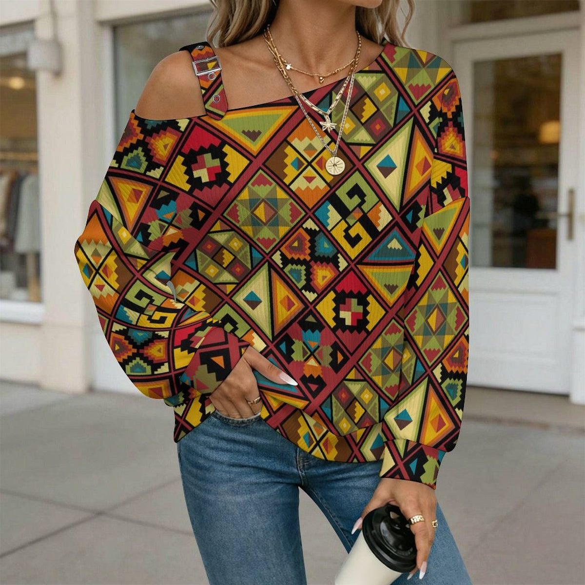 Off-the-shoulder Sweater Vintage Pattern  Asymmetric Cold Shoulder Knit Sweater for Women, Adjustable Buckle Strap Long Sleeve Casual Slouchy Pullover
