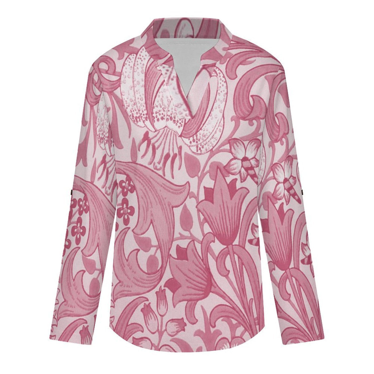 Stand-up Collar Long-sleeved Shirt Pink Pattern  Customization Women’s V-Neck Blouses,long Sleeve,Roll-Up Sleeve Shirt