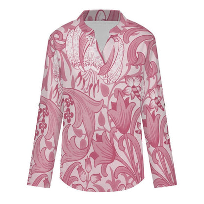 Stand-up Collar Long-sleeved Shirt Pink Pattern  Customization Women’s V-Neck Blouses,long Sleeve,Roll-Up Sleeve Shirt