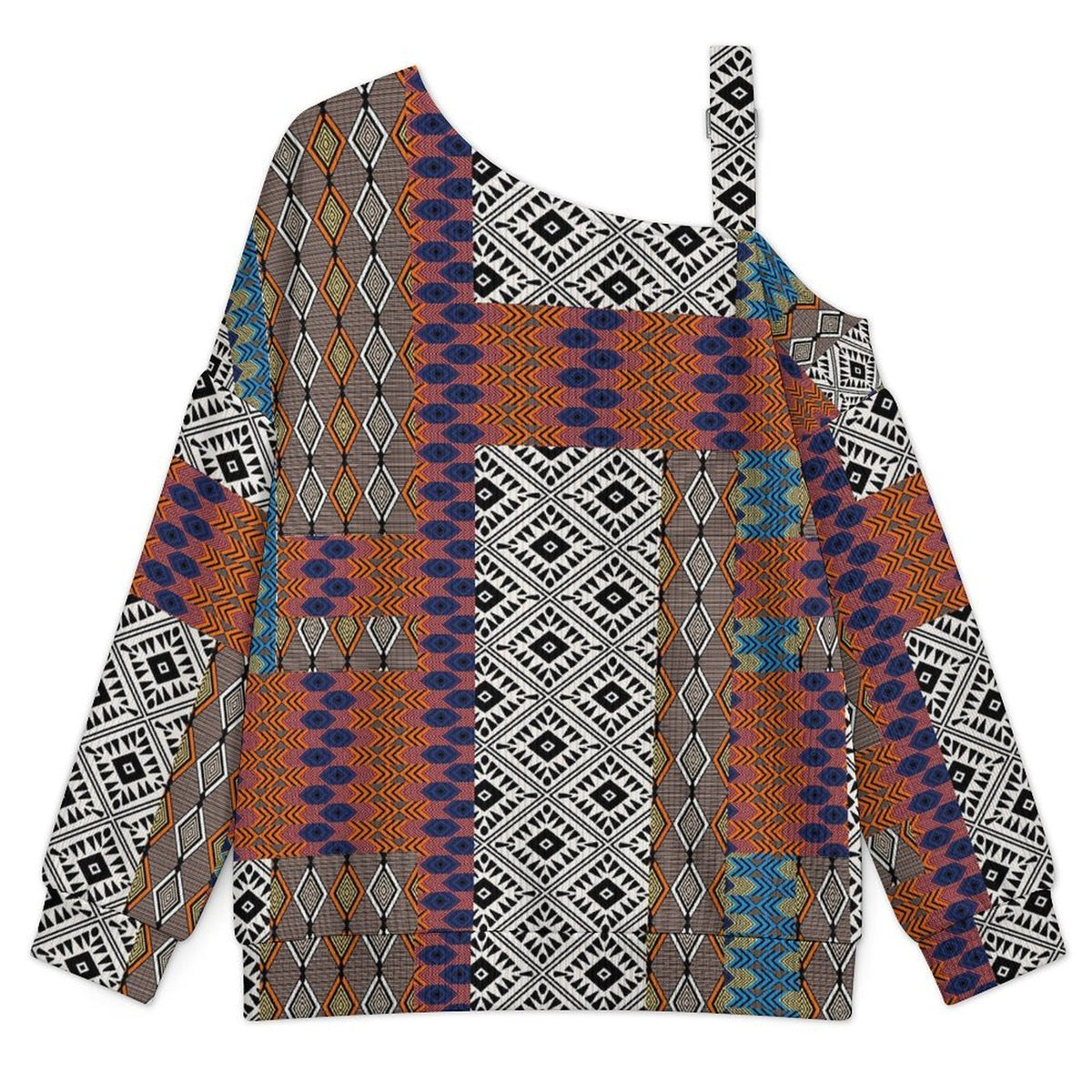 Off-the-shoulder Sweater European Retro Pattern  Asymmetric Cold Shoulder Knit Sweater for Women, Adjustable Buckle Strap Long Sleeve Casual Slouchy Pullover