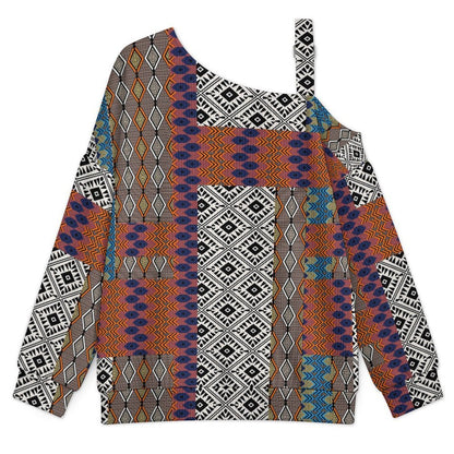 Off-the-shoulder Sweater European Retro Pattern  Asymmetric Cold Shoulder Knit Sweater for Women, Adjustable Buckle Strap Long Sleeve Casual Slouchy Pullover