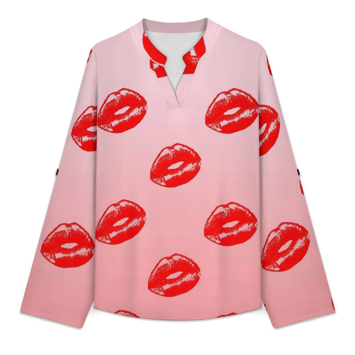 Red Lips Roll Tab 3/4 Sleeve Notched V Neck Tunic Blouse