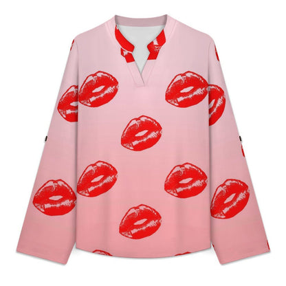 Red Lips Roll Tab 3/4 Sleeve Notched V Neck Tunic Blouse