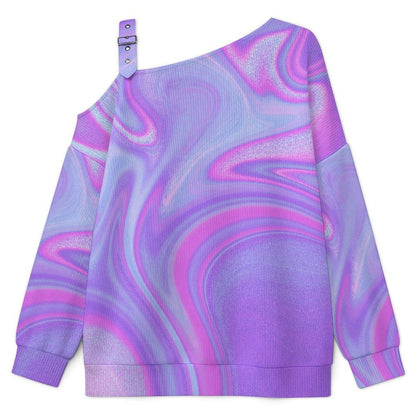 Off-the-shoulder Sweater Purple Corlor Corlorful Abstract  Asymmetric Cold Shoulder Knit Sweater for Women, Adjustable Buckle Strap Long Sleeve Casual Slouchy Pullover