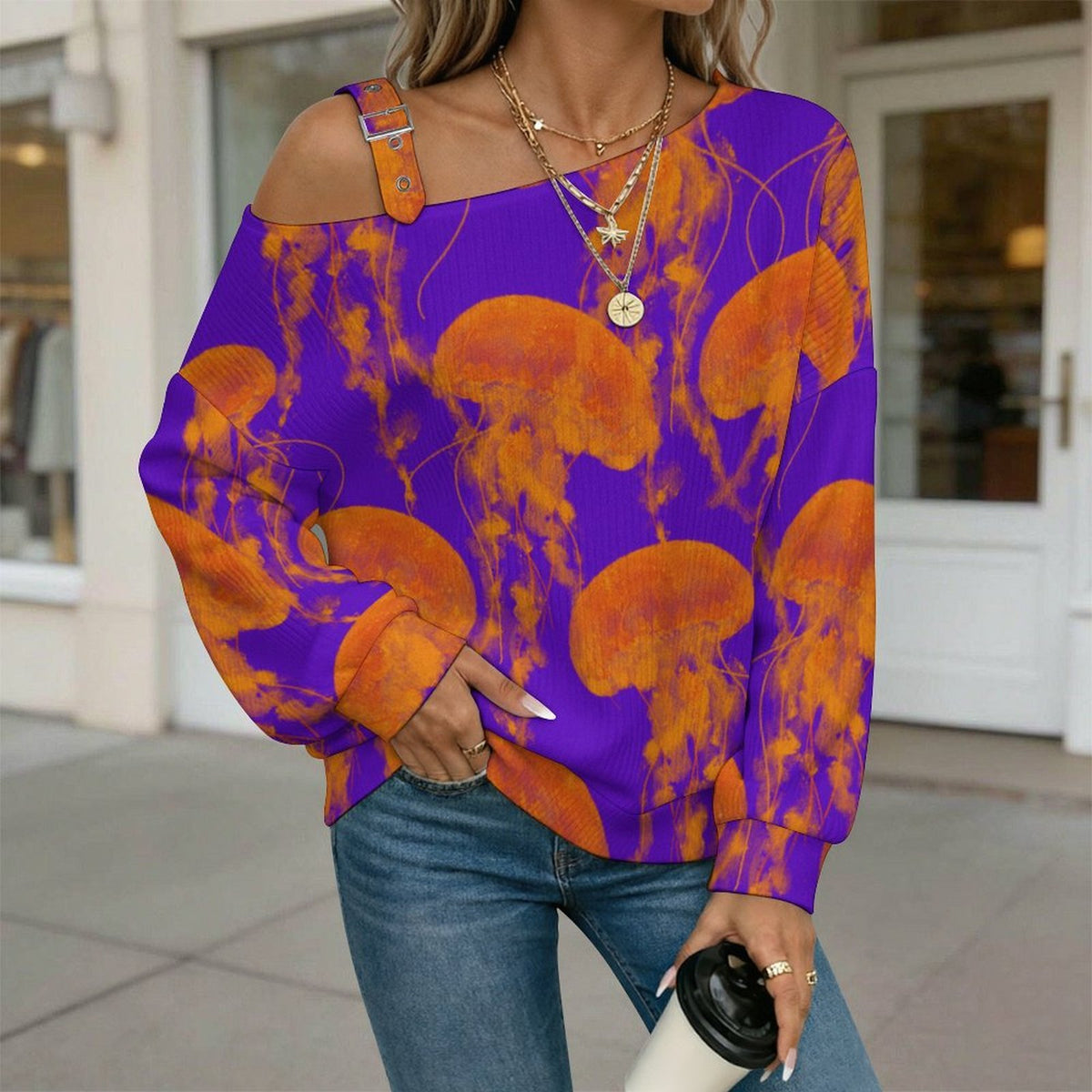 Off-the-shoulder Sweater Jellyfish Ocean Corlorful  Asymmetric Cold Shoulder Knit Sweater for Women, Adjustable Buckle Strap Long Sleeve Casual Slouchy Pullover