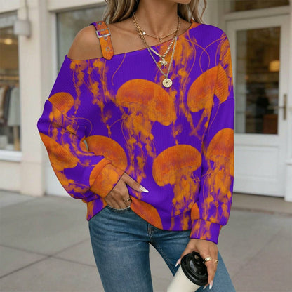 Off-the-shoulder Sweater Jellyfish Ocean Corlorful  Asymmetric Cold Shoulder Knit Sweater for Women, Adjustable Buckle Strap Long Sleeve Casual Slouchy Pullover