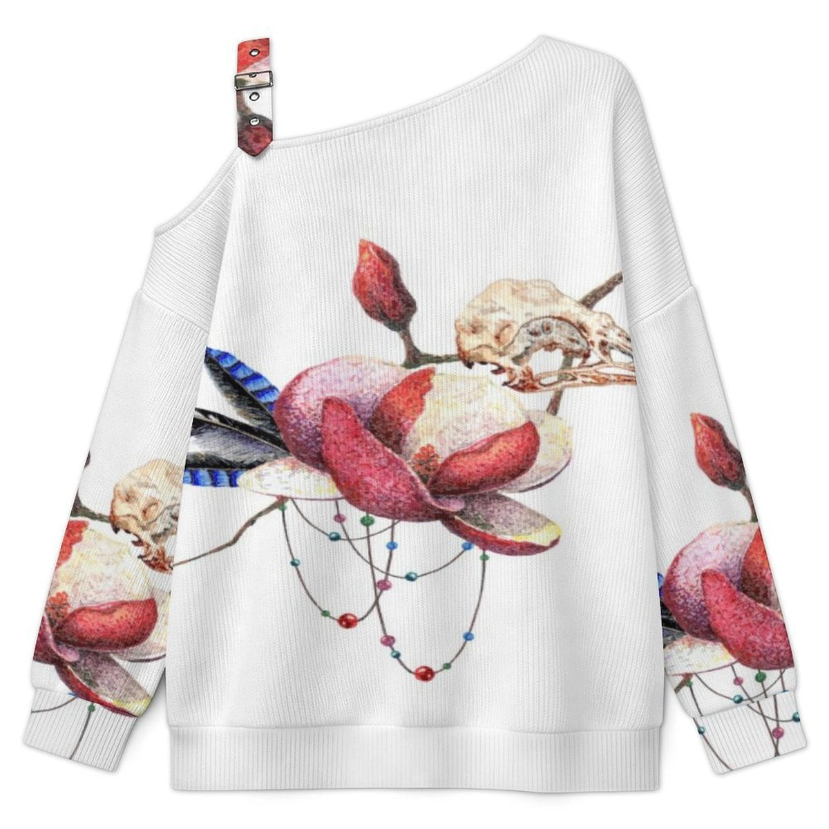 Off-the-shoulder Sweater Feathers Skull  Asymmetric Cold Shoulder Knit Sweater for Women, Adjustable Buckle Strap Long Sleeve Casual Slouchy Pullover