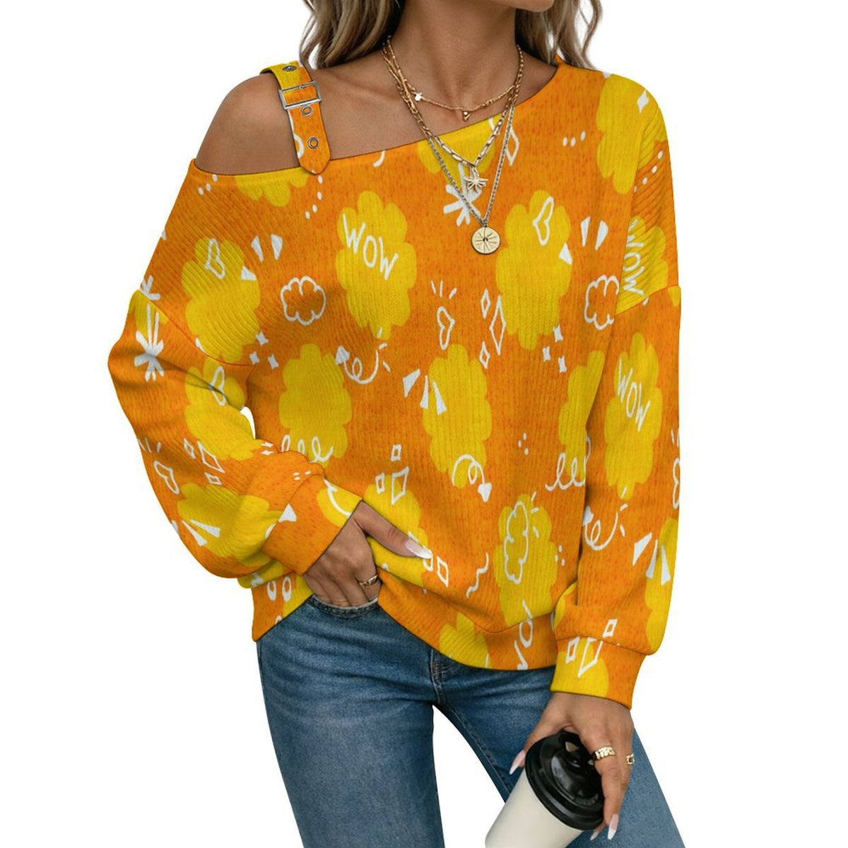Off-the-shoulder Sweater Fried Popcorn,wow  Asymmetric Cold Shoulder Knit Sweater for Women, Adjustable Buckle Strap Long Sleeve Casual Slouchy Pullover