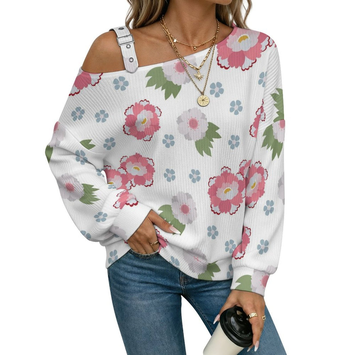 Fall Casual Asymmetric Shoulder Knit Top with Buckle Detail Floral Pattern