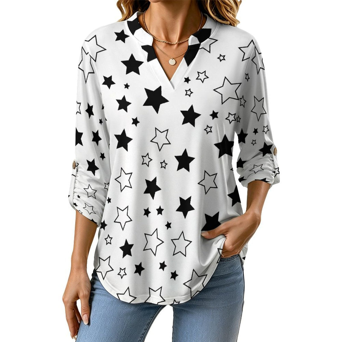 Stand-up Collar Long-sleeved Shirt Star Black white S Women’s V-Neck Blouses