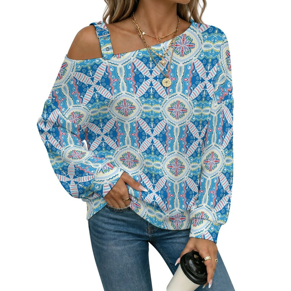 Off-the-shoulder Sweater Retro Design, Flowers  Asymmetric Cold Shoulder Knit Sweater for Women, Adjustable Buckle Strap Long Sleeve Casual Slouchy Pullover