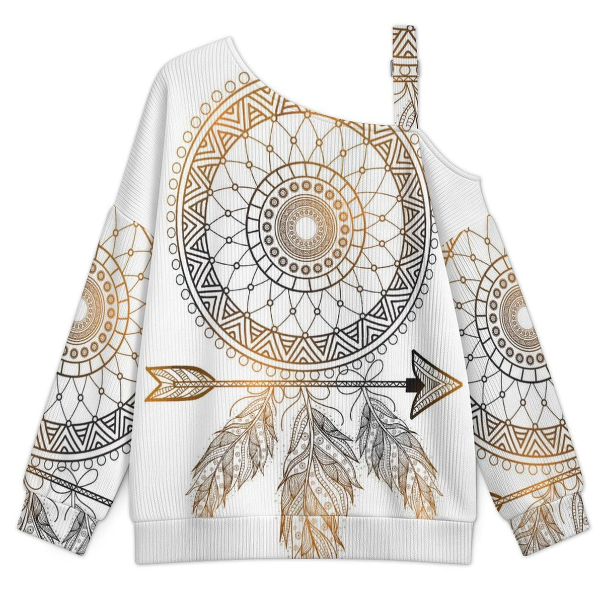 Off-the-shoulder Sweater Feathers  Asymmetric Cold Shoulder Knit Sweater for Women, Adjustable Buckle Strap Long Sleeve Casual Slouchy Pullover