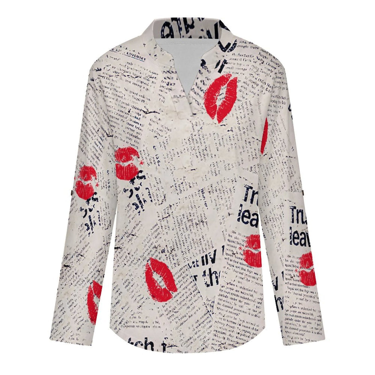 Stand-up Collar Long-sleeved Shirt Newspaper Red Lip Print Blue Letters  Customization Women’s V-Neck Blouses,long Sleeve,Roll-Up Sleeve Shirt