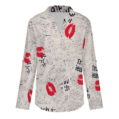 Stand-up Collar Long-sleeved Shirt Newspaper Red Lip Print Blue Letters  Customization Women’s V-Neck Blouses,long Sleeve,Roll-Up Sleeve Shirt