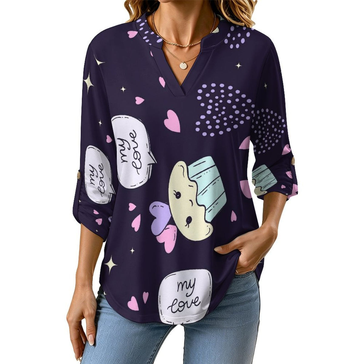 Stand-up Collar Long-sleeved Shirt Cupcake Background  Customization Women’s V-Neck Blouses,long Sleeve,Roll-Up Sleeve Shirt
