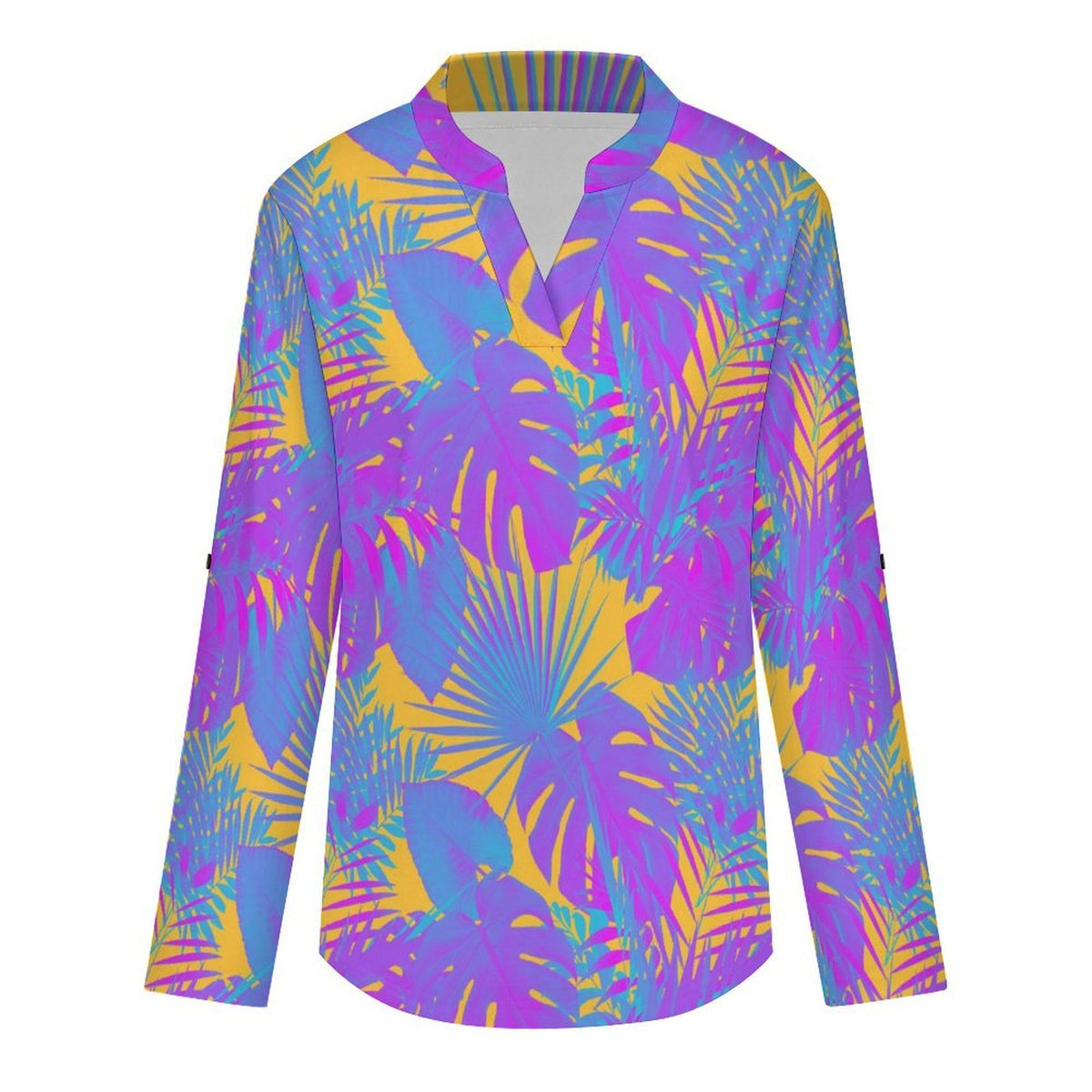 Stand-up Collar Long-sleeved Shirt Plant Summer  Customization Women’s V-Neck Blouses,long Sleeve,Roll-Up Sleeve Shirt