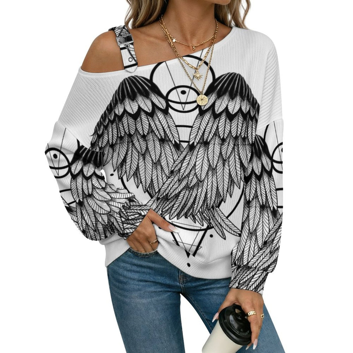 Off-the-shoulder Sweater Wing  Asymmetric Cold Shoulder Knit Sweater for Women, Adjustable Buckle Strap Long Sleeve Casual Slouchy Pullover
